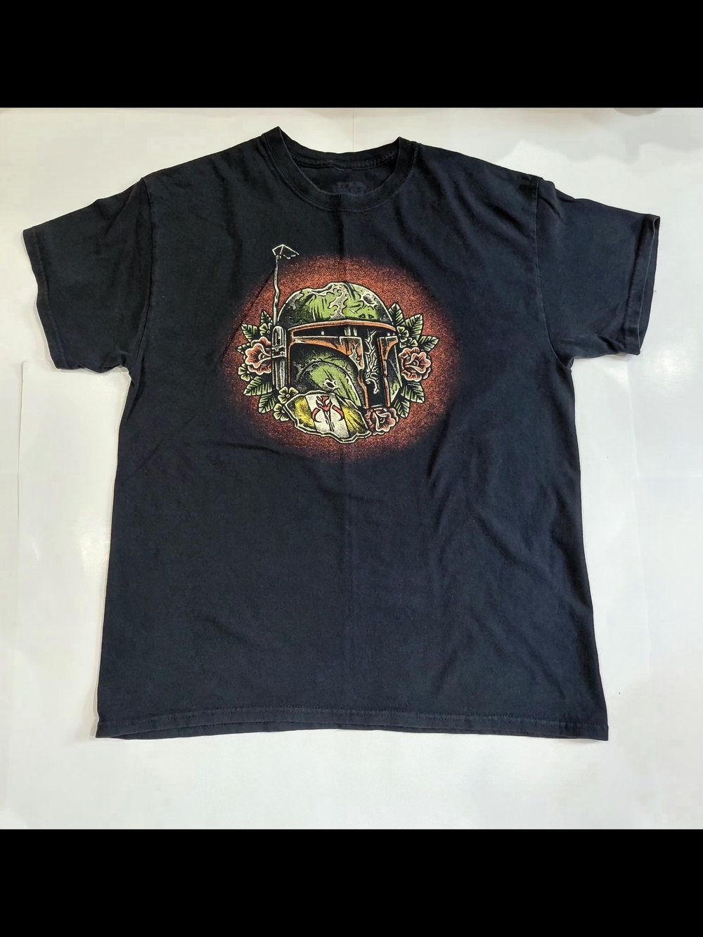 Vintage New  Star Wars Black Tee with Green and Orange Boba Fett Helmet Size Lg
